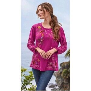 Johnny Was Keone Puff Sleeve Tee Shirt Embroidered Grape/Magenta Womens Small